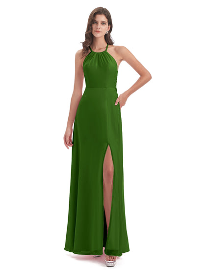 Samira Sheath Floor Length Halter Split Chiffon Bridesmaid Dresses