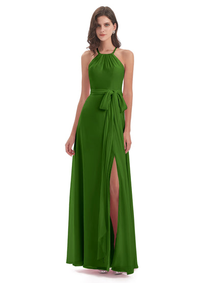 Samira Sheath Floor Length Halter Split Chiffon Bridesmaid Dresses