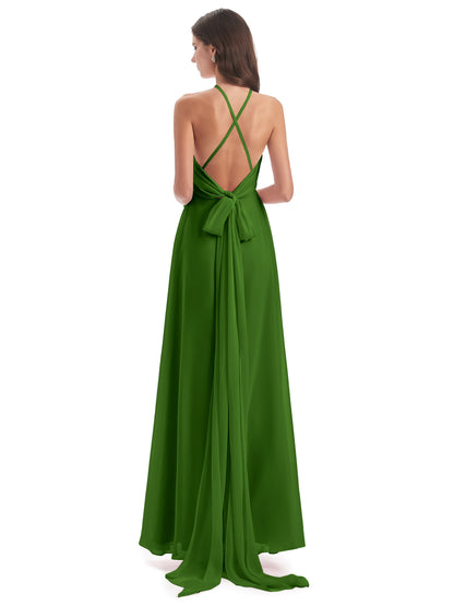 Samira Sheath Floor Length Halter Split Chiffon Bridesmaid Dresses
