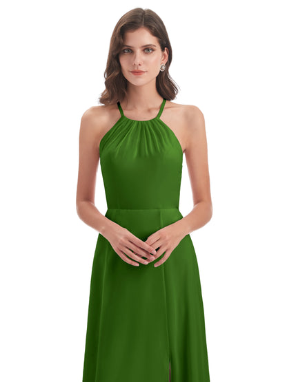 Samira Sheath Floor Length Halter Split Chiffon Bridesmaid Dresses