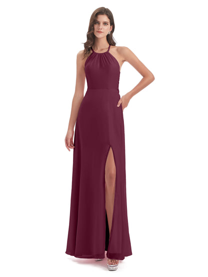 Samira Sheath Floor Length Halter Split Chiffon Bridesmaid Dresses