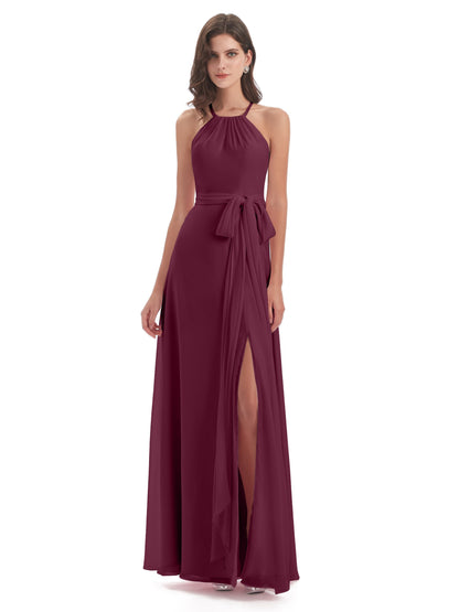 Samira Sheath Floor Length Halter Split Chiffon Bridesmaid Dresses
