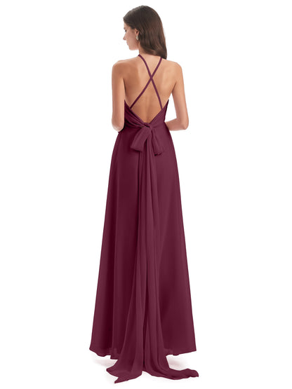 Samira Sheath Floor Length Halter Split Chiffon Bridesmaid Dresses