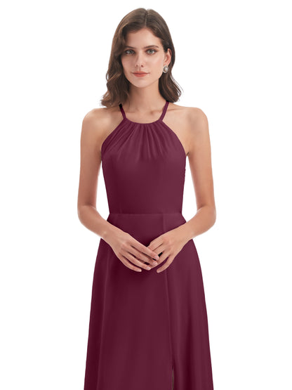 Samira Sheath Floor Length Halter Split Chiffon Bridesmaid Dresses