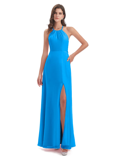 Samira Sheath Floor Length Halter Split Chiffon Bridesmaid Dresses