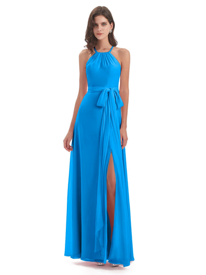 Samira Sheath Floor Length Halter Split Chiffon Bridesmaid Dresses