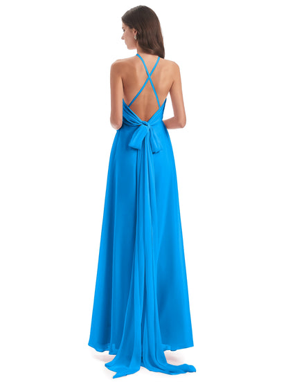 Samira Sheath Floor Length Halter Split Chiffon Bridesmaid Dresses