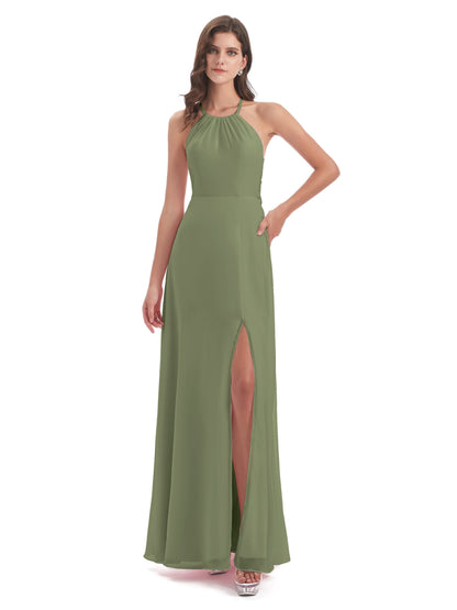 Samira Sheath Floor Length Halter Split Chiffon Bridesmaid Dresses