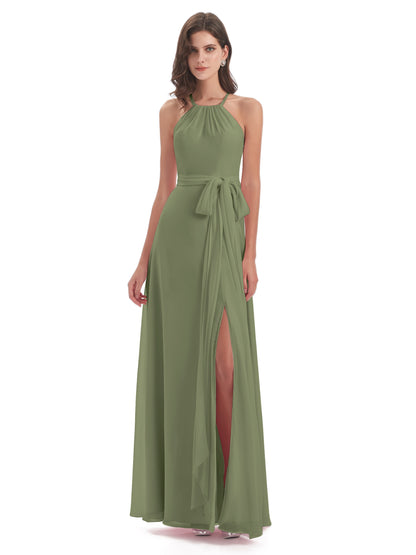 Samira Sheath Floor Length Halter Split Chiffon Bridesmaid Dresses