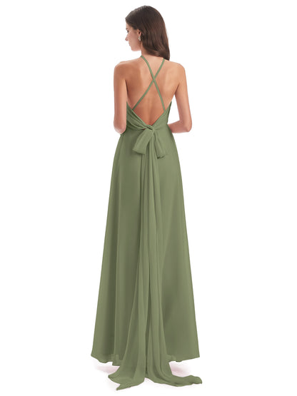 Samira Sheath Floor Length Halter Split Chiffon Bridesmaid Dresses