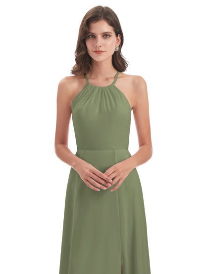 Samira Sheath Floor Length Halter Split Chiffon Bridesmaid Dresses