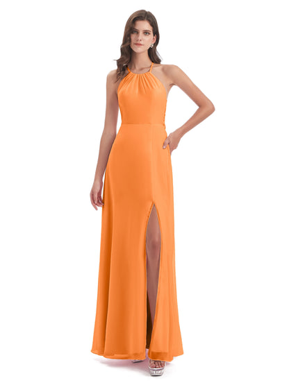 Samira Sheath Floor Length Halter Split Chiffon Bridesmaid Dresses