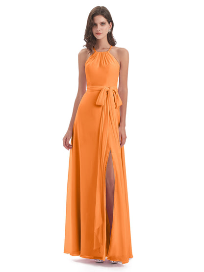 Samira Sheath Floor Length Halter Split Chiffon Bridesmaid Dresses