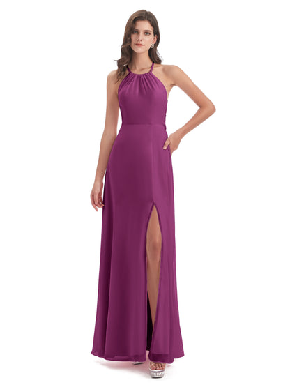Samira Sheath Floor Length Halter Split Chiffon Bridesmaid Dresses