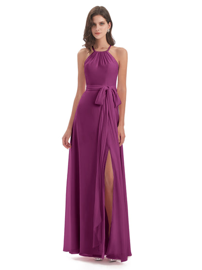 Samira Sheath Floor Length Halter Split Chiffon Bridesmaid Dresses