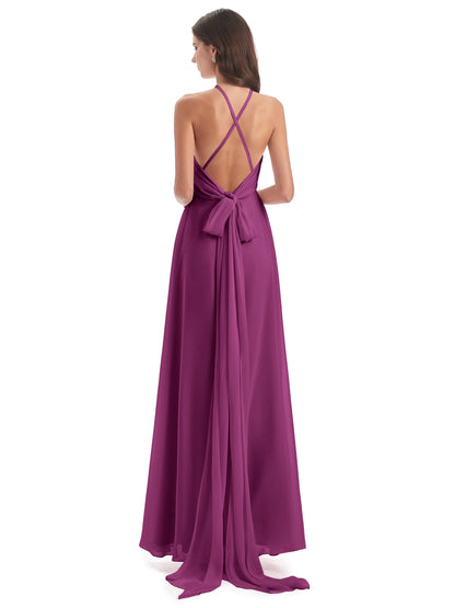Samira Sheath Floor Length Halter Split Chiffon Bridesmaid Dresses