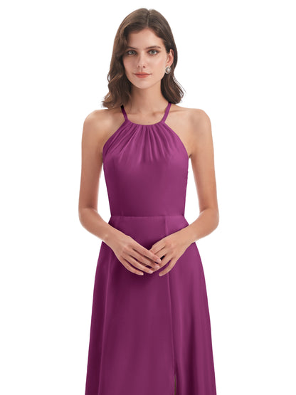 Samira Sheath Floor Length Halter Split Chiffon Bridesmaid Dresses