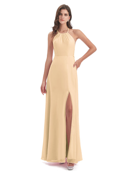 Samira Sheath Floor Length Halter Split Chiffon Bridesmaid Dresses