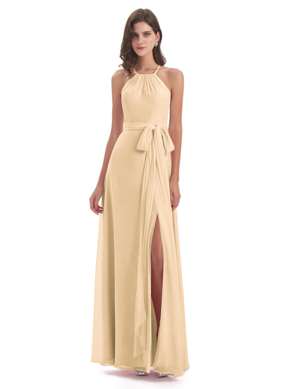 Samira Sheath Floor Length Halter Split Chiffon Bridesmaid Dresses