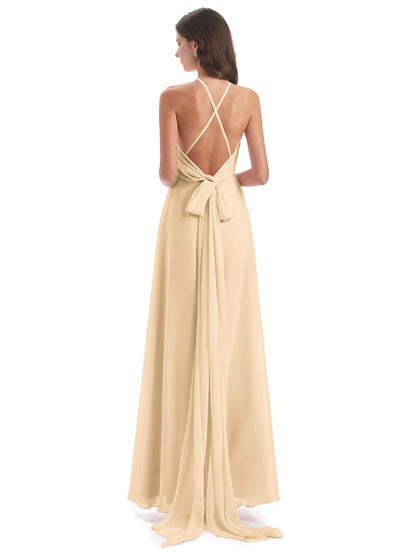 Samira Sheath Floor Length Halter Split Chiffon Bridesmaid Dresses