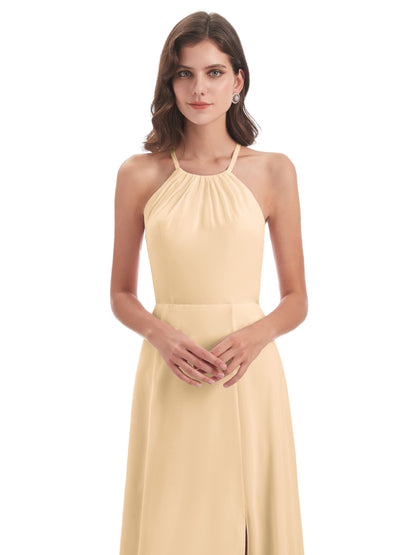 Samira Sheath Floor Length Halter Split Chiffon Bridesmaid Dresses