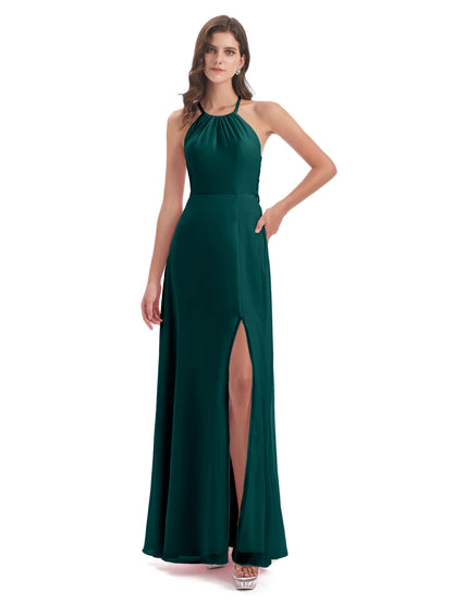 Samira Sheath Floor Length Halter Split Chiffon Bridesmaid Dresses