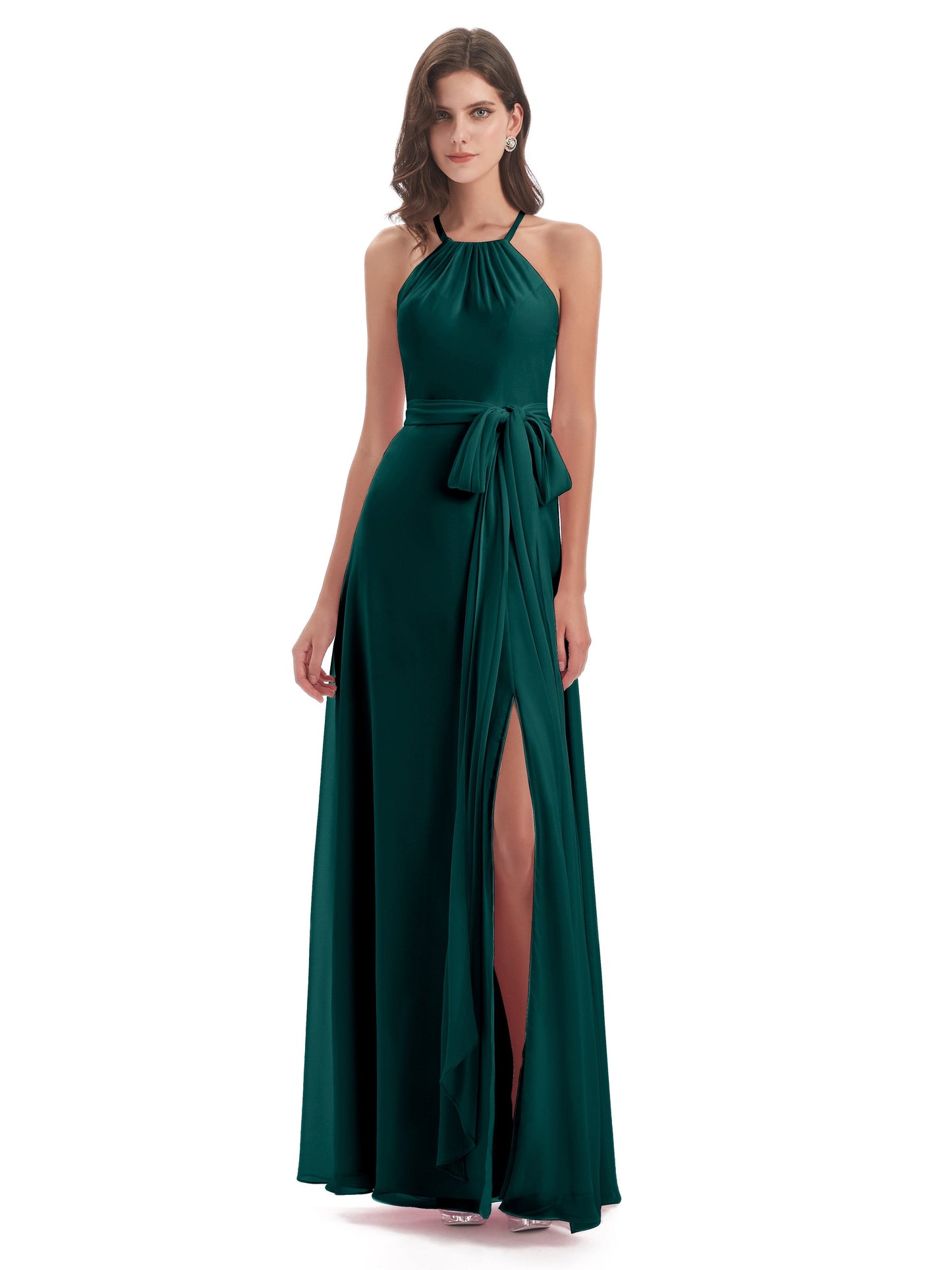 Samira Sheath Floor Length Halter Split Chiffon Bridesmaid Dresses
