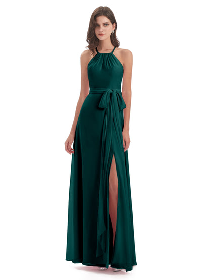 Samira Sheath Floor Length Halter Split Chiffon Bridesmaid Dresses