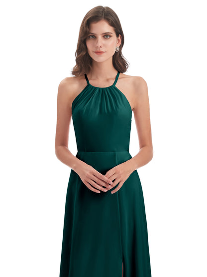 Samira Sheath Floor Length Halter Split Chiffon Bridesmaid Dresses