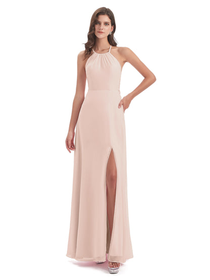 Samira Sheath Floor Length Halter Split Chiffon Bridesmaid Dresses