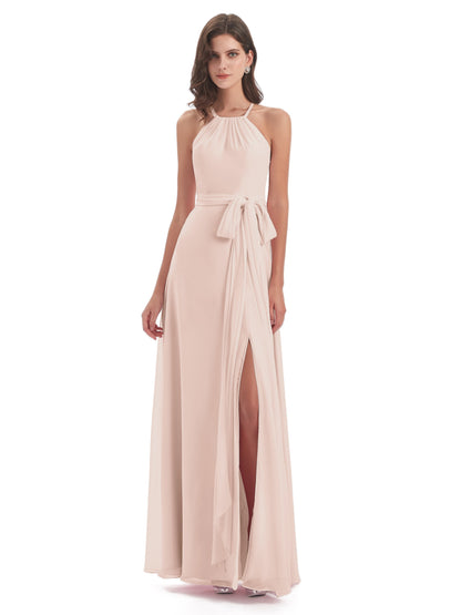 Samira Sheath Floor Length Halter Split Chiffon Bridesmaid Dresses