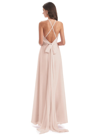 Samira Sheath Floor Length Halter Split Chiffon Bridesmaid Dresses
