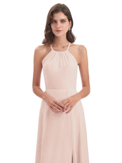 Samira Sheath Floor Length Halter Split Chiffon Bridesmaid Dresses