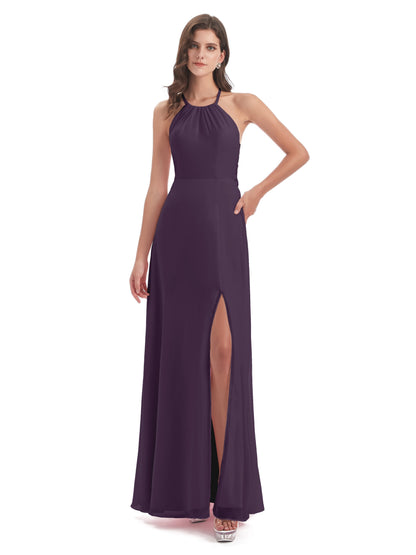 Samira Sheath Floor Length Halter Split Chiffon Bridesmaid Dresses
