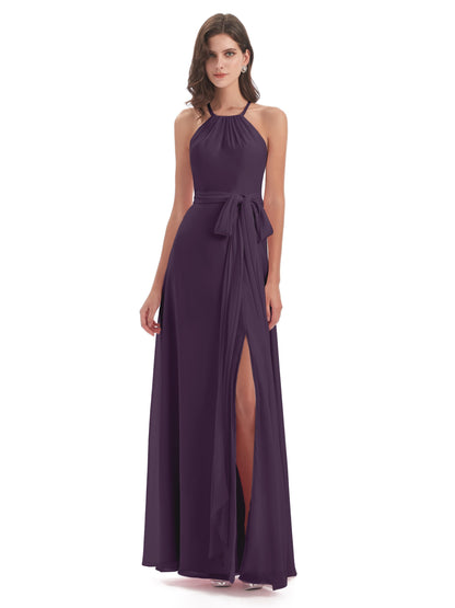 Samira Sheath Floor Length Halter Split Chiffon Bridesmaid Dresses