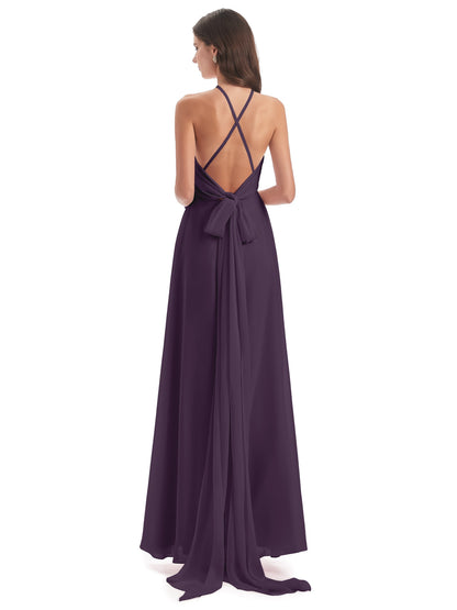 Samira Sheath Floor Length Halter Split Chiffon Bridesmaid Dresses