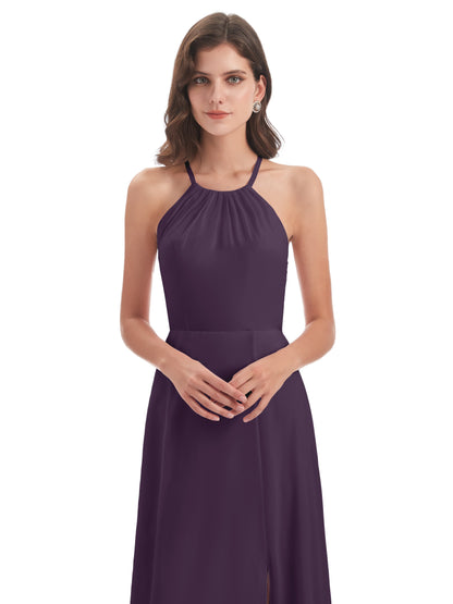 Samira Sheath Floor Length Halter Split Chiffon Bridesmaid Dresses