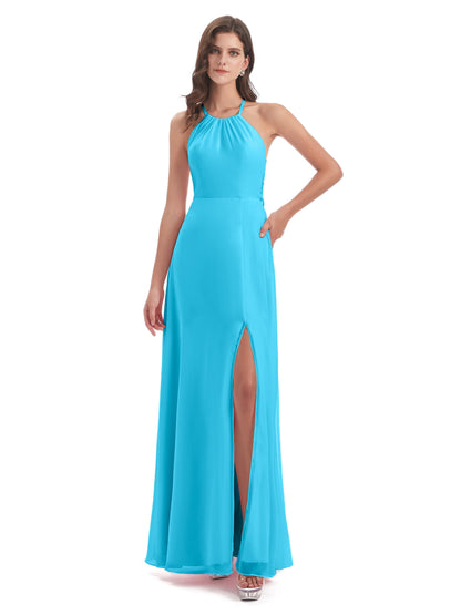 Samira Sheath Floor Length Halter Split Chiffon Bridesmaid Dresses