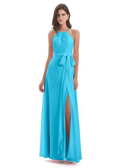 Samira Sheath Floor Length Halter Split Chiffon Bridesmaid Dresses