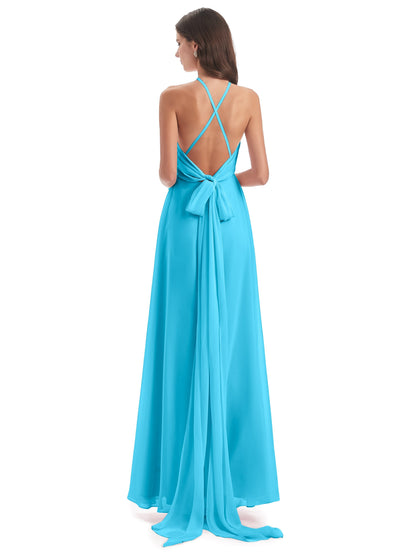 Samira Sheath Floor Length Halter Split Chiffon Bridesmaid Dresses