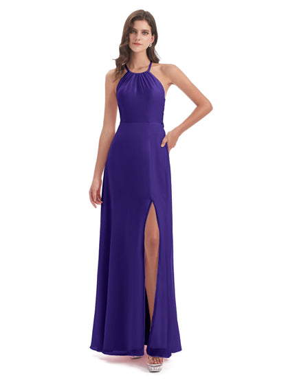 Samira Sheath Floor Length Halter Split Chiffon Bridesmaid Dresses