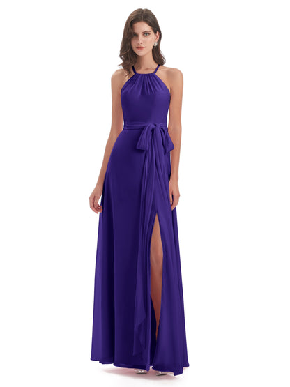 Samira Sheath Floor Length Halter Split Chiffon Bridesmaid Dresses