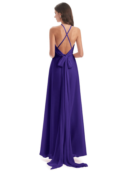 Samira Sheath Floor Length Halter Split Chiffon Bridesmaid Dresses