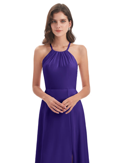 Samira Sheath Floor Length Halter Split Chiffon Bridesmaid Dresses