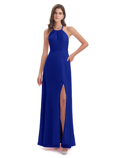 Samira Sheath Floor Length Halter Split Chiffon Bridesmaid Dresses