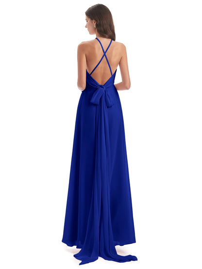 Samira Sheath Floor Length Halter Split Chiffon Bridesmaid Dresses
