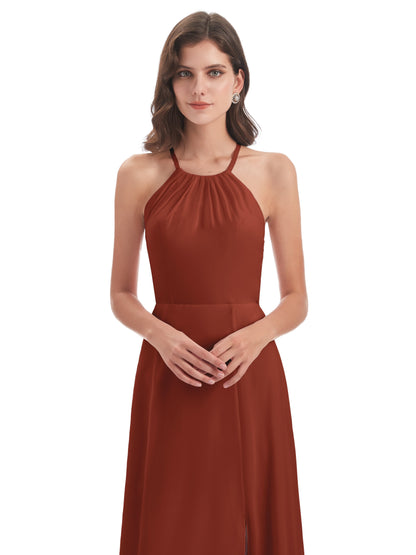 Samira Sheath Floor Length Halter Split Chiffon Bridesmaid Dresses