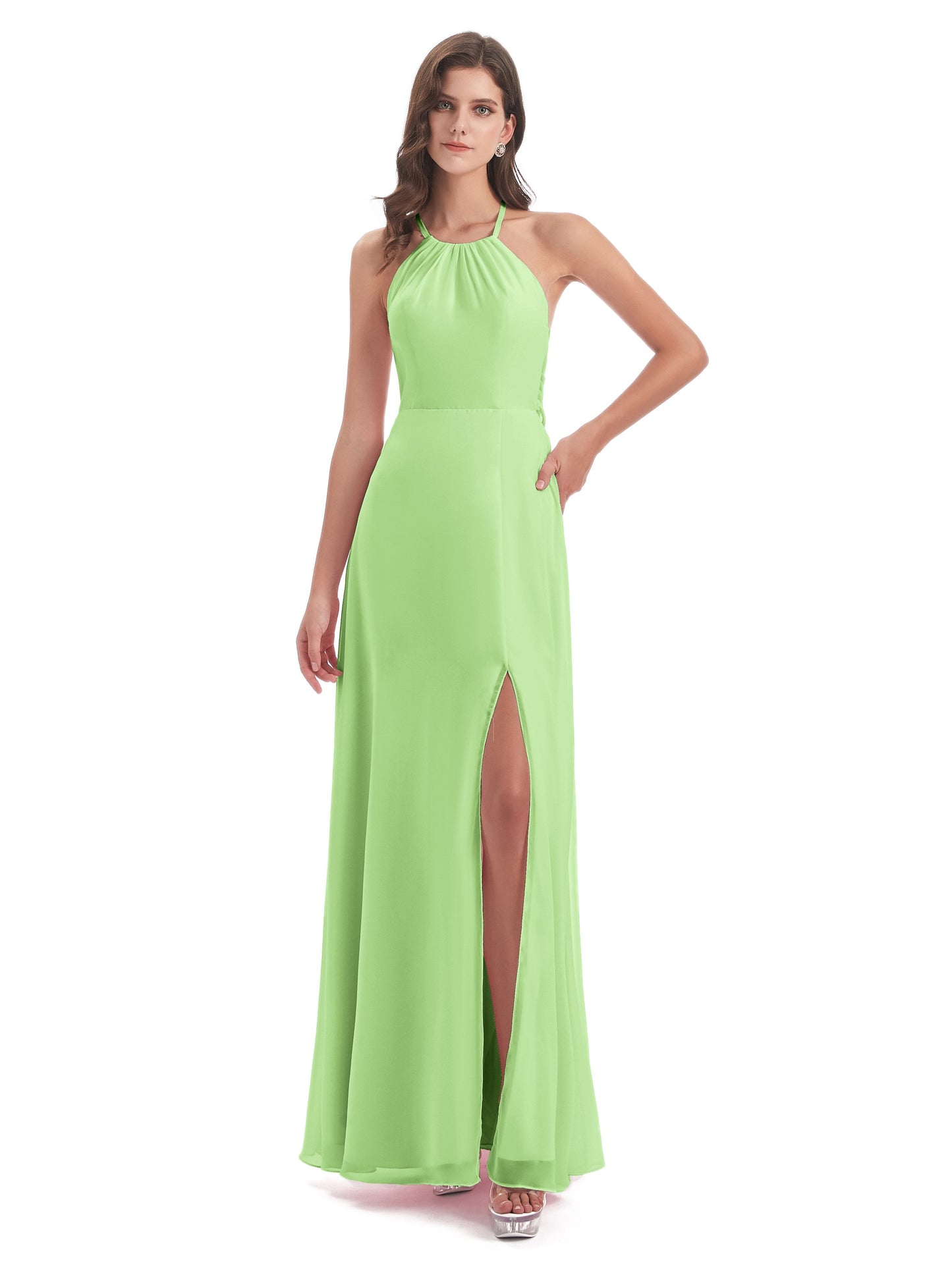 Samira Sheath Floor Length Halter Split Chiffon Bridesmaid Dresses