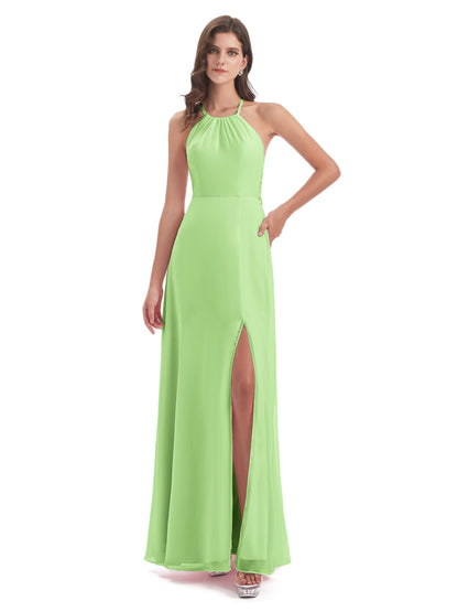 Samira Sheath Floor Length Halter Split Chiffon Bridesmaid Dresses