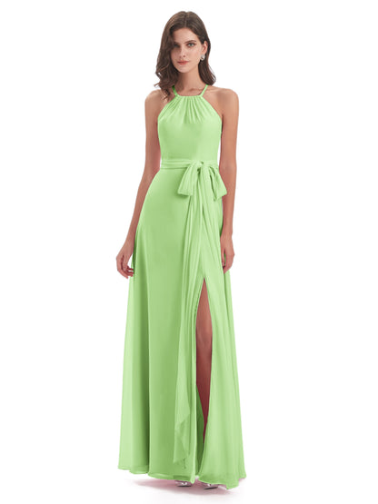 Samira Sheath Floor Length Halter Split Chiffon Bridesmaid Dresses